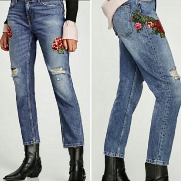 Zara Denim - NWT Zara Basic Sequin Rose Embroidered Jeans 6